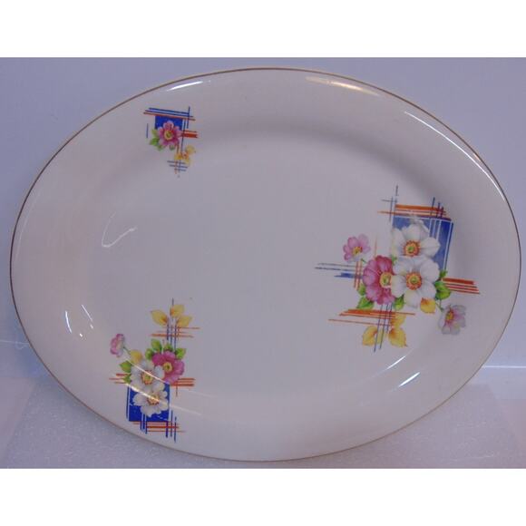 Homer Laughlin Eggshell Oval Plate Plaid Design Flowers December 1942 L 42 N 5 - Picture 1 of 10